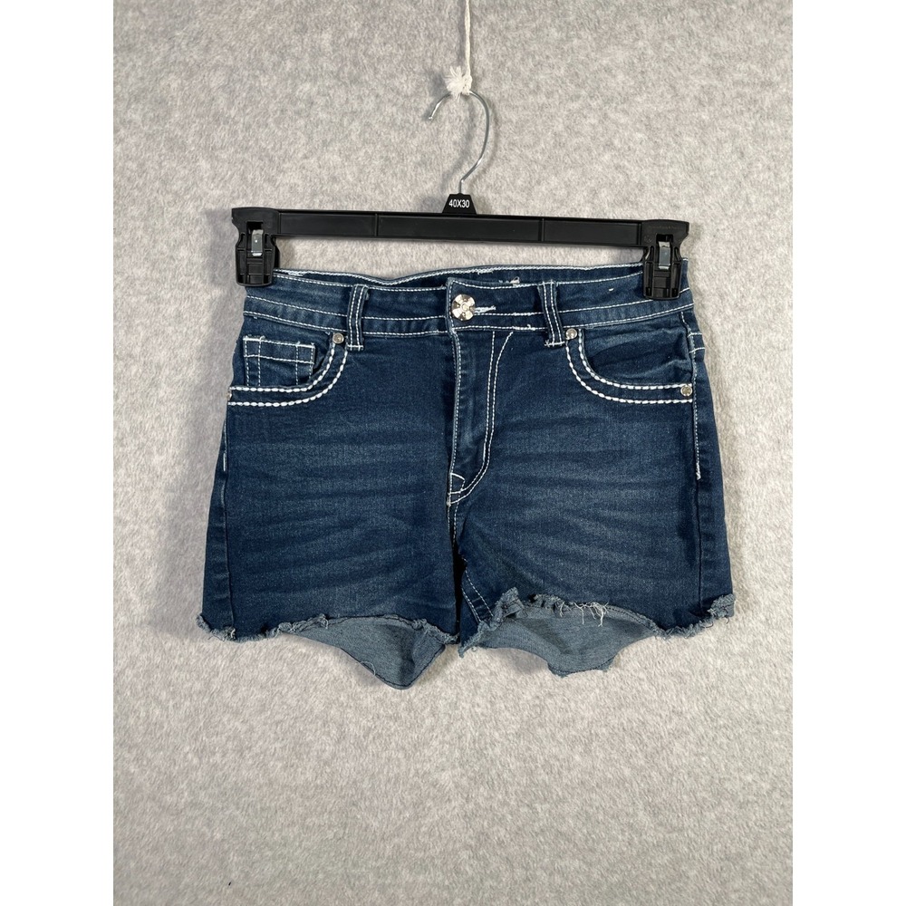 Bamboo Mom Shorts Womens 7/8 Blue Denim Beaded Pockets Cotton Stretch Frayed Hem